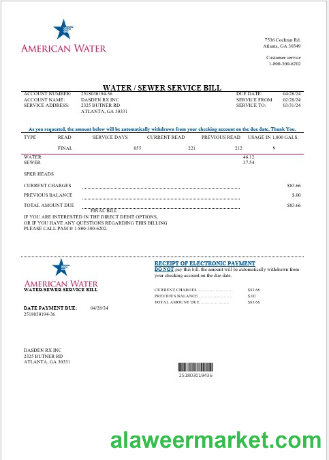 USA Georgia American Water business utility bill template in Word and PDF formats